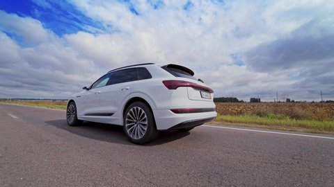 VINNITSA, UKRAINE - September 2019: Audi E-Tron is a fully-electric compact luxury crossover SUV produced by Audi.