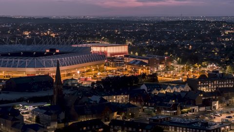 Aerial View of Sunderland UK at night, Stadium of Light, United Kingdom
