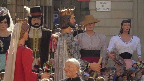 Barcelona, Spain. September 24th 2019: Gegants in Sant Jaume Square for La Merce Festival. Large costumed figures participating in Catalan Festa Majors. Giant human archetypes of towns from Catalonia.