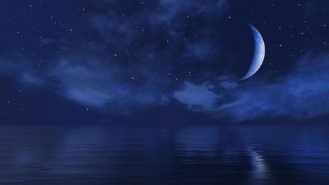 Fantastic starry night sky with falling stars or meteors and big half moon among fluffy clouds above calm ocean surface. Loop able fantasy 3D animation rendered in 4K