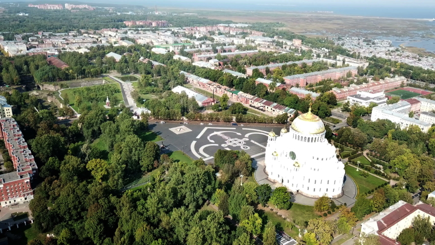 Top view drone from Yakornaya Square onThe Naval cathedral of Saint Nicholas in Kronstadt is a Russian Orthodox ,Middle Harbour and Petrovsk Park Kronstadt Russia
