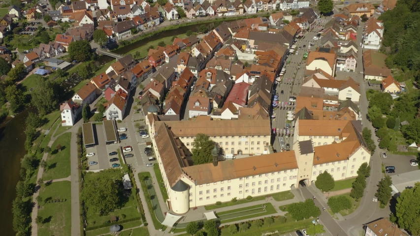 Aerial view of the city Wolfach in Germany in the black forest on a sunny day in summer. Flight over the old town.