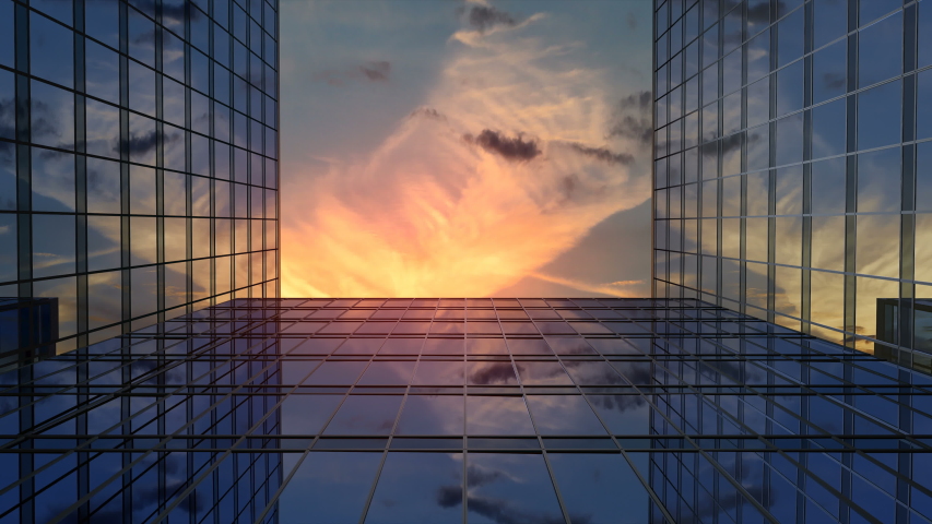 Airplane Flies Over Business Skyscrapers Against Sunset Clouds, Beautiful 3d Animation 4k, Ultra HD 3840x2160 Royalty-Free Stock Footage #1038291482