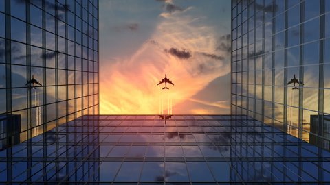 Airplane Flies Over Business Skyscrapers Against Sunset Clouds, Beautiful 3d Animation 4k, Ultra HD 3840x2160