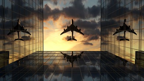 Airplane Flies Over Business Skyscrapers Against a Time-Lapse of Sunset Clouds, Beautiful 3d Animation 4k, Ultra HD 3840x2160