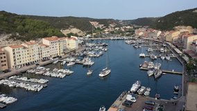 Aerial video of Portisco - port on the coastline of Costa Smeralda. Sardinia