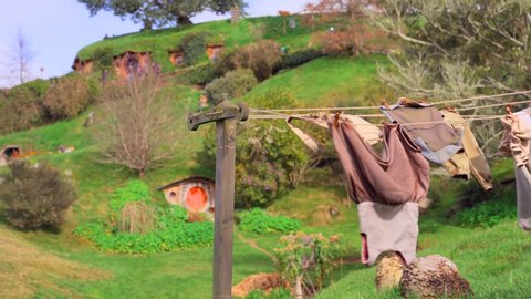 Hobbiton, New Zealand; 2019: Hobbit clothes drying under the sun, in Hobbiton, the famous little village in The Lord Of The Rings movies