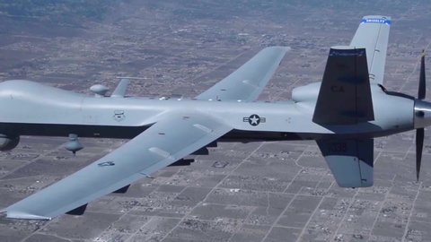 CIRCA 2018 - aerial footage of an MQ-9 Reaper military drone during in flight operations.