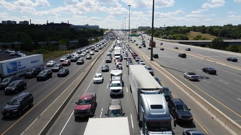 Toronto, Ontario, Canada September 2019 Highway 401 jammed with car and truck traffic