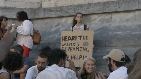 Female Teenager Protesting at Climate Strike In Lisbon, Fridays For Future. LISBON, PORTUGAL - 27 SEPTEMBER 2019; School students who take time off from class to demand some climate actions