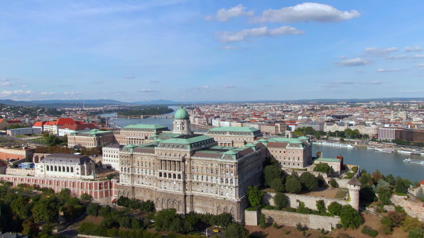 Budapest, Hungary, aerial view of cityscape showing the Budapest Royal Palace on Castle Hill by day during summer.