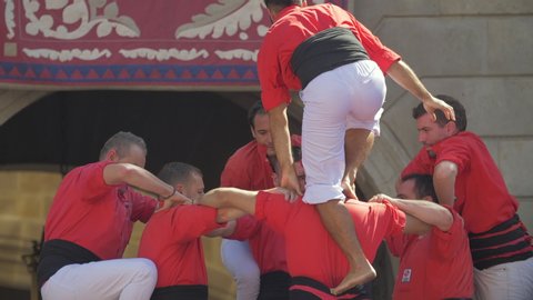 Barcelona, Spain. September 24th 2019: Barcelona Castellers. Human Towers performance in Sant Jaume Square during La Merce Festival in Barcelona