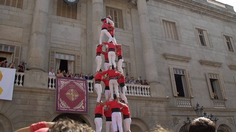 Barcelona, Spain. September 24th 2019: Barcelona Castellers. Human Towers performance in Sant Jaume Square during La Merce Festival in Barcelona