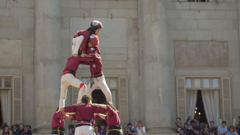 Barcelona, Spain. September 24th 2019: 
Castellers. Human Towers performance during La Merce Festival in Sant Jaume Square. Colla Castellera Jove de Barcelona