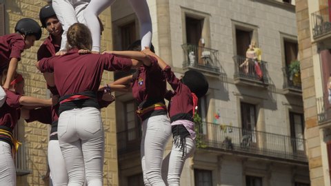 Barcelona, Spain. September 24th 2019: 
Castellers. Human Towers performance during La Merce Festival in Sant Jaume Square. Colla Castellera Jove de Barcelona
