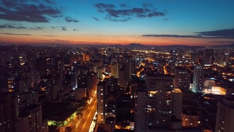 Sunset in quarantined city with empty streets due Covid-19. São Paulo, Brazil. Aerial landscape. Sunset scene. City life Aerial. Empty cities. Panorama landscape. Downtown city. Urban city. Cityscape.