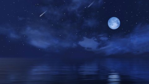 Fantastic starry night sky with falling stars or meteors and big full moon among fluffy clouds above calm ocean surface. Loop able fantasy 3D animation rendered in 4K
