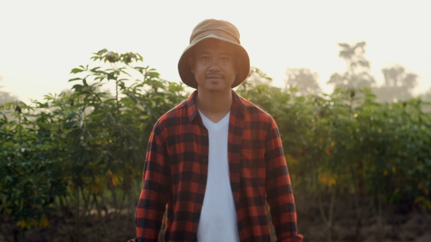 Asian woman farmer looking at cassava field while writing on clipboard.