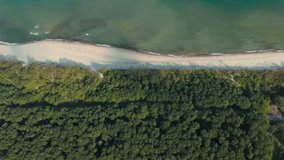 Video from above, aerial view of a beautiful Wild Island. Aerial view. 4K UHD. Flying on a drone in wild along coast. Epic view. Aerial top view of summer green trees in forest. Seascape at sea Coast