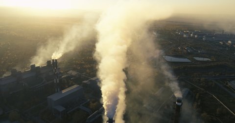 Top view of heavy industry plant. Smoking smokestacks. Steel factory. Aluminum production. Shelehov, Irkutsk, Russia