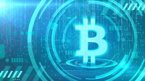 Bitcoin symbol rotating on a cyan background with animated HUD elements related to computer technology. Loopable animation.