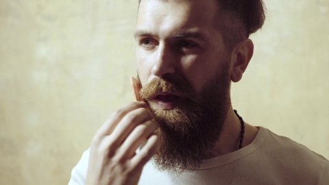 Moustache Wax. Close up portrait of hipster man with long beard and mustache. Barbershop Barbers and Barber salon. Barber vintage