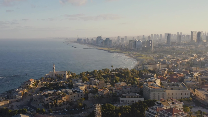 Jaffa and Tel Aviv morning skyline, Israel, 4k aerial drone view