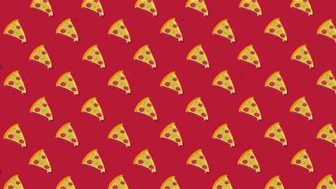 A nice colorful drawing animation: a repeated pattern made of pizza slices with salami topping,ing to the upper left angle, over a flat red background.