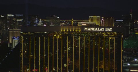 Helicopter aerial shot moving down Las Vegas Strip at night, drone
