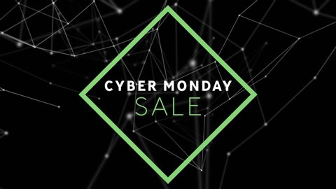 Animation of the words Cyber Monday Sale in white and green letters in a green frame with network connections on a black background
