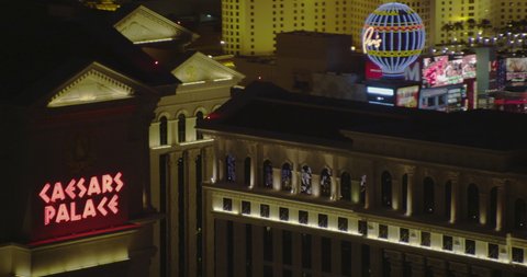 Helicopter aerial of Ceasar's Palace and The Cosmopolitan in Las Vegas, drone