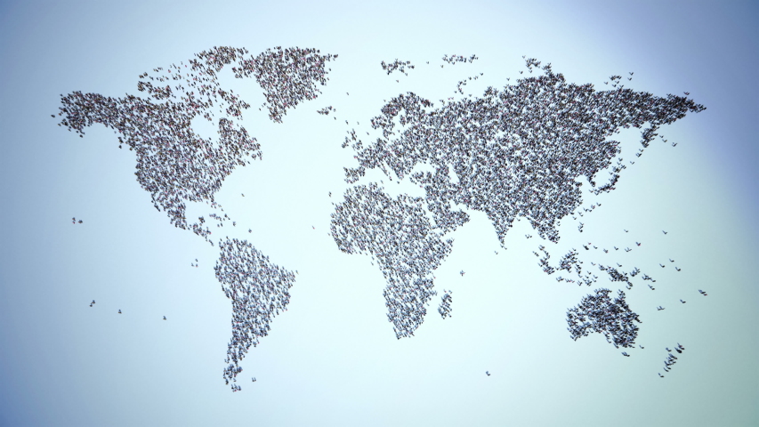 Zoom to World of People. Thousands of People Formed the World Map. Crowd Flight Over. Camera Zoom In. 4k. Royalty-Free Stock Footage #1038396680