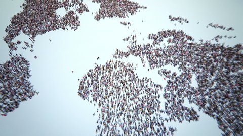 Zoom to World of People. Thousands of People Formed the World Map. Crowd Flight Over. Camera Zoom In. 4k.
