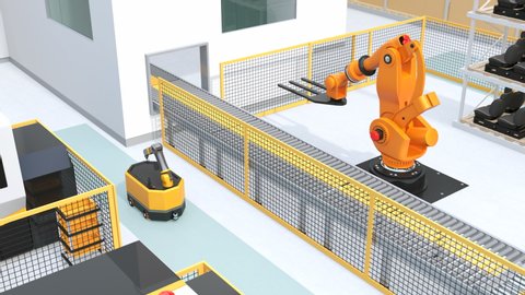 Mobile robot, heavy payload robot cell, forklift and CNC machines in smart factory. 3D rendering animation.