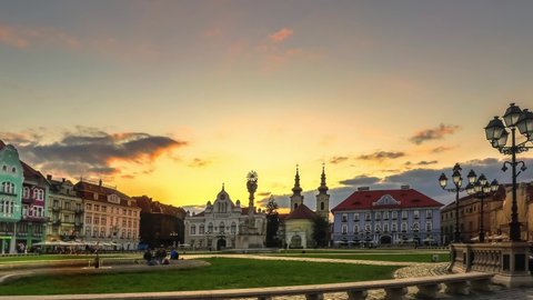 Timisoara, Romania - October 5 2019:Union Square / Piata Unirii - Sunset beautiful and magical  skyline in european city 