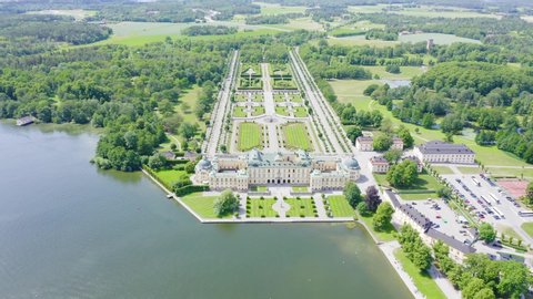 Stockholm, Sweden - June 23, 2019: Drottningholm. Drottningholms Slott. Well-preserved royal residence with a Chinese pavilion, theater and gardens, Aerial View