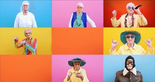 Funny grandmother portraits.granny fashion model on colored backgrounds. Collection of several videos into a collage