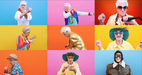 Funny grandmother portraits.granny fashion model on colored backgrounds. Collection of several videos into a collage