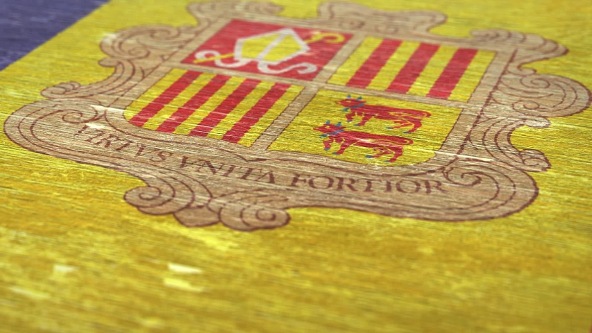 Flag Of Andorra. Detail On Wood, Shallow Depth Of Field, Seamless Loop. High-Quality Animation. Ideal For Your Country / Travel / Political Related Projects. 1080p, 60fps.