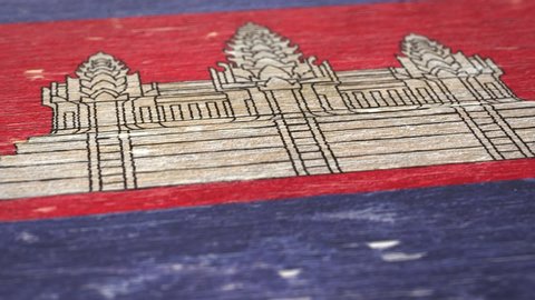 Flag Of Cambodia. Detail On Wood, Shallow Depth Of Field, Seamless Loop. High-Quality Animation. Ideal For Your Country / Travel / Political Related Projects. 1080p, 60fps.