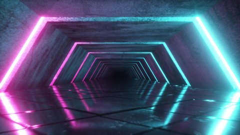 Flying in a modern futuristic empty sci-fi night corridor. Retro alien ship in the shape of a hexagon corridor with purple and blue luminous neon lights with a square floor. Seamless loop 3d render