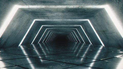 Flying in a modern futuristic empty sci-fi night corridor. Retro alien ship in the shape of a hexagon corridor with cold blue luminous neon lights with a square floor. Seamless loop 3d render