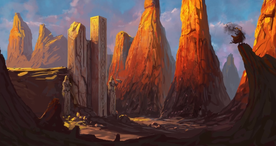 Ruined fortress in a rocky desert being overrun by a dangerous evil character - digital fantasy painting - animated illustration Royalty-Free Stock Footage #1038439241
