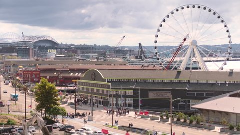 SEATTLE, WA / USA - SEPT 28, 2019: (Timelapse) Seattle downtown waterfront cityscape day time lapse. 