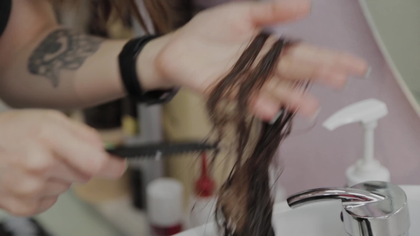 Girl hairdresser combing wet hair to a client.