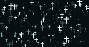 This stock motion graphics video shows luminous white crosses moving on a black background.