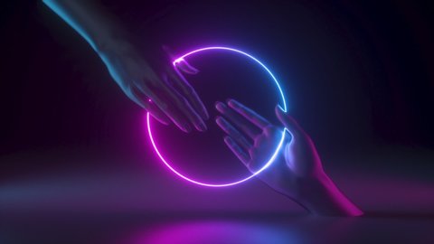 3d hands isolated on black background, holding glowing rings. Neon light. Interactive communication concept.
