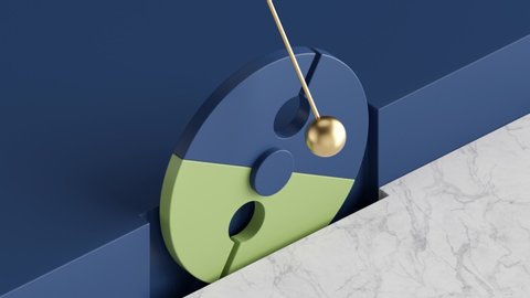 seamless minimal animation, golden ball pendulum, blue green rotating wheel, simple geometric shapes. Cycled movement. Looped background, live image, modern animated poster. Endless motion design.