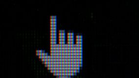 Moving Hand Cursor Computer Pointer. Pixels LCD monitor. Real Macro Video. Mouse Pointer Hand For Computer Screen. Close Up