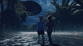A little boy and girl at dusk walk along the wet highway, over which an alien UFO flies. For sci-fi, futuristic, sci-fi or interstellar backgrounds. - Powered by Shutterstock - Get 15% off with code: PIKWIZARD15
